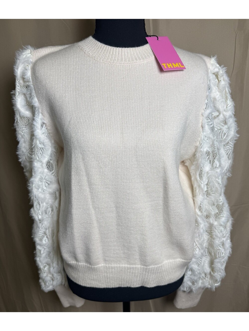 THML Cream Sweater Size L Lace Fringe Statement Sleeves Crewneck NWT - Picture 2 of 7